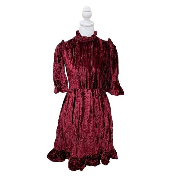 Batsheva Ruffled Plissé Cotton-Velvet Mini Dress 2 Red NEW - Picture 3 of 8